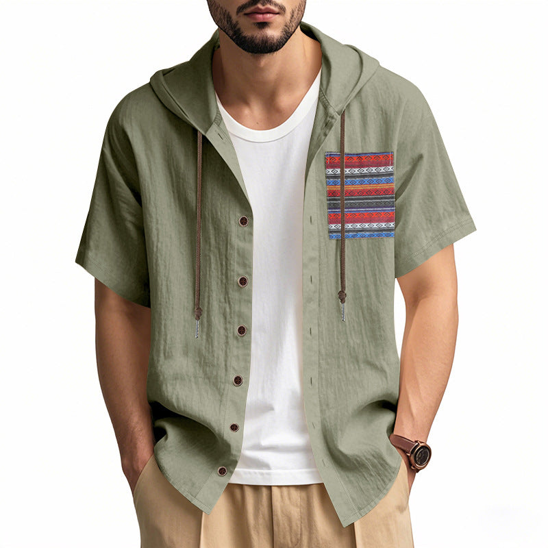 Linen Mens Short-sleeve Lightweight Loose-fitting Hooded T-shirt