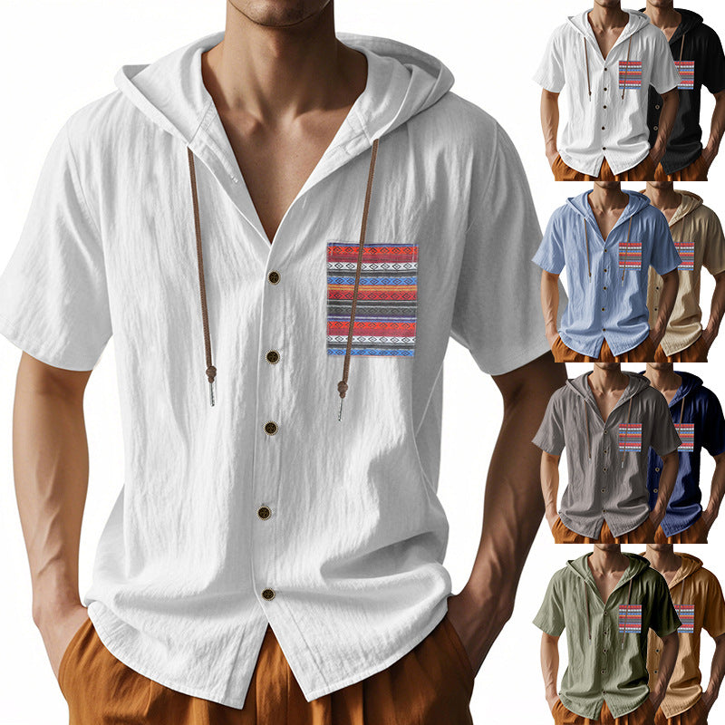Linen Mens Short-sleeve Lightweight Loose-fitting Hooded T-shirt