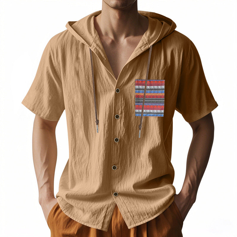 Linen Mens Short-sleeve Lightweight Loose-fitting Hooded T-shirt