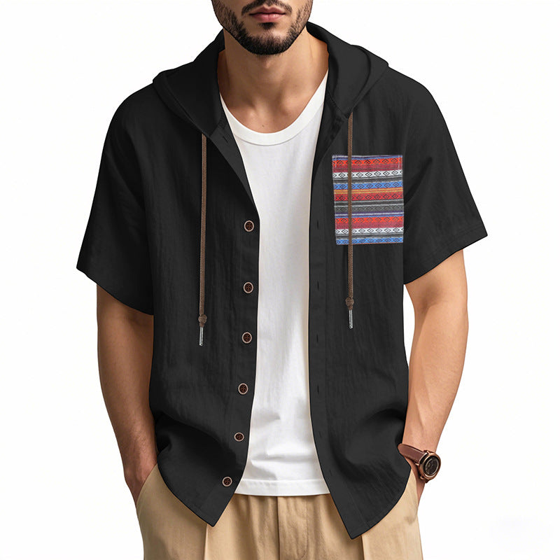 Linen Mens Short-sleeve Lightweight Loose-fitting Hooded T-shirt